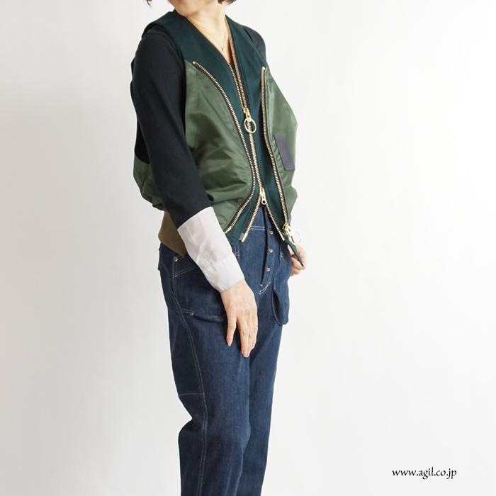 HISUI(ヒスイ) ジッパーベスト ジレ MA1風デザイン カーキ系 レディース