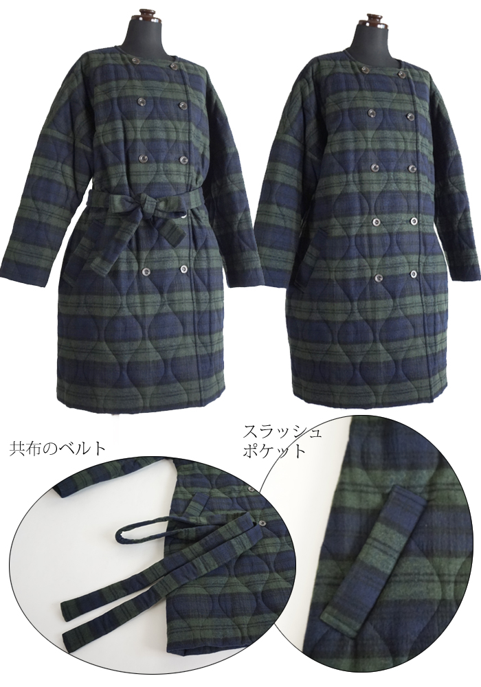 isato design works (イサトデザインワークス) キルティング チェックハーフコート ネイビーxカーキ レディース
