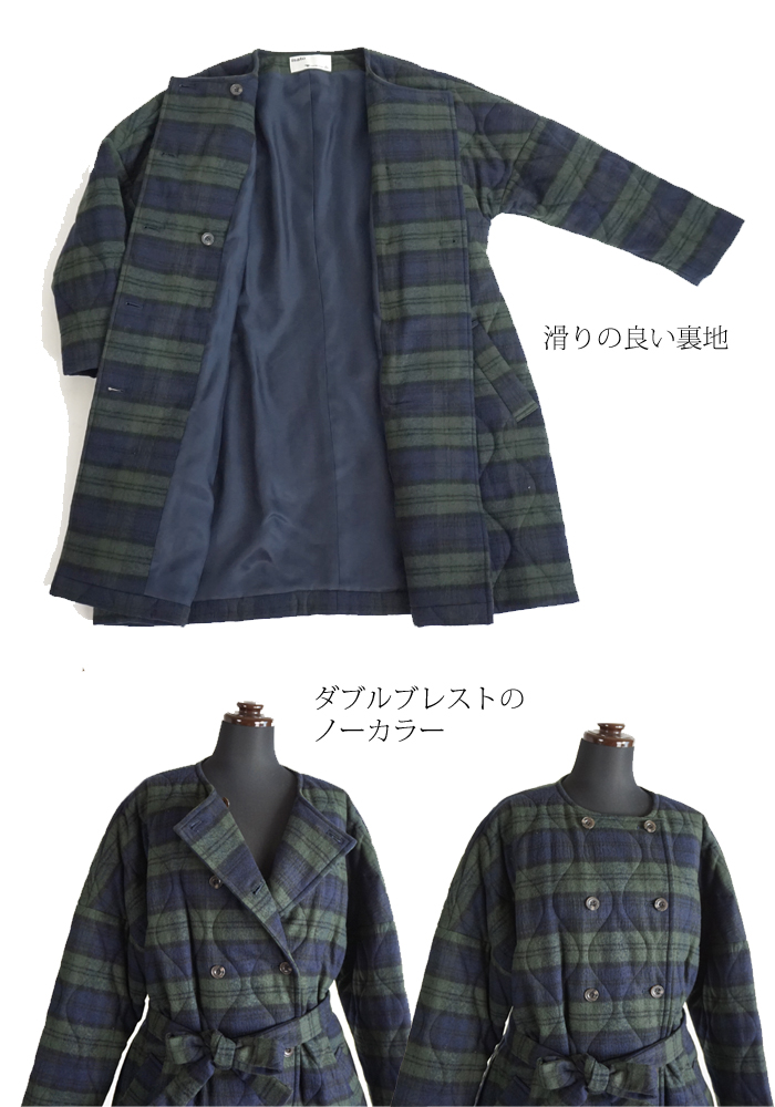 isato design works (イサトデザインワークス) キルティング チェックハーフコート ネイビーxカーキ レディース