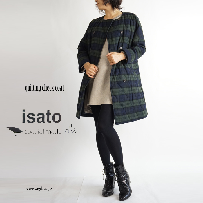 isato design works (イサトデザインワークス) キルティング チェックハーフコート ネイビーxカーキ レディース