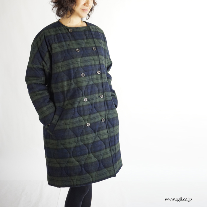 isato design works (イサトデザインワークス) キルティング チェックハーフコート ネイビーxカーキ レディース