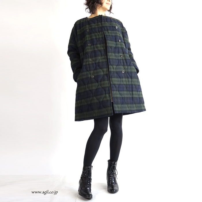 isato design works (イサトデザインワークス) キルティング チェックハーフコート ネイビーxカーキ レディース