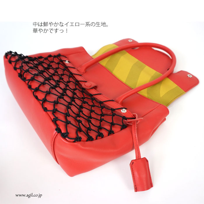 mononogu (もののぐ) ボストンバッグ 牛革スムースレザー フラップ付き メッシュポケット レッド レディース