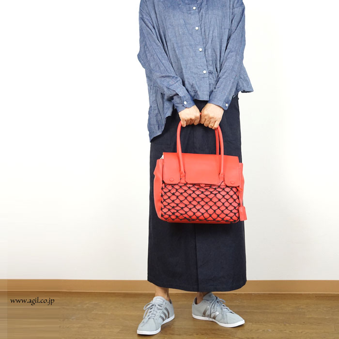 mononogu (もののぐ) ボストンバッグ 牛革スムースレザー フラップ付き メッシュポケット レッド レディース
