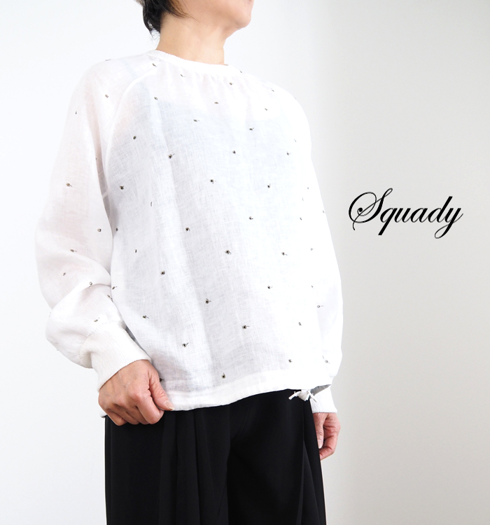 Squady スカディ ドット刺繍リネンプルオーバーシャツ 日本製