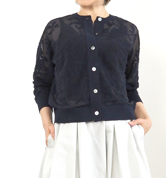 mizuiro ind ミズイロインド メッシュ刺繍 クルーネックカーディガン
