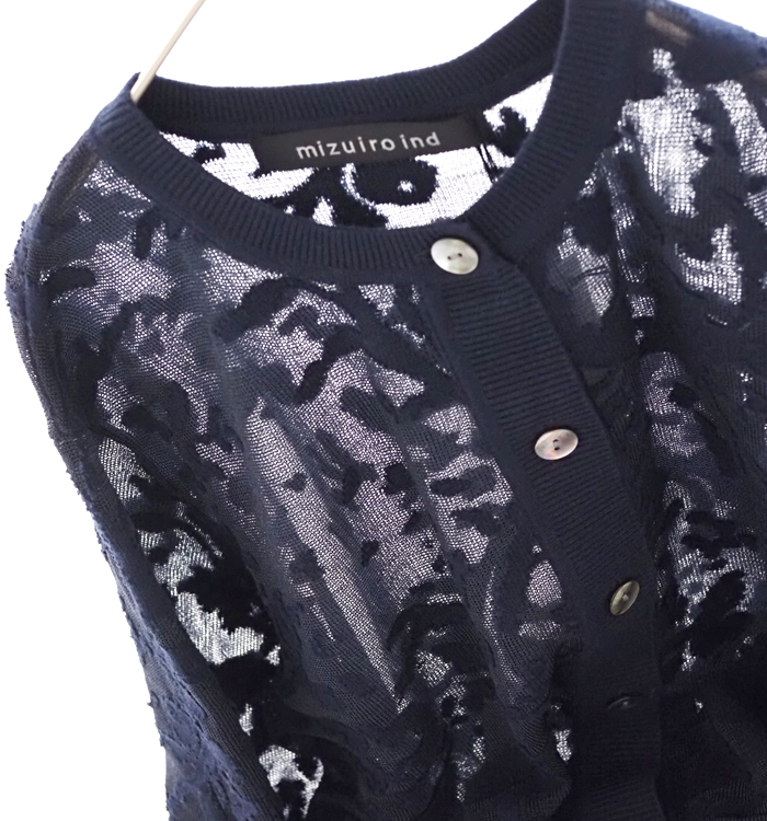 mizuiro ind ミズイロインド メッシュ刺繍 クルーネックカーディガン