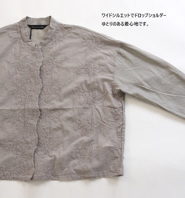 mizuiro ind ミズイロインド シャツ ワイド レーススタンドカラー レディース