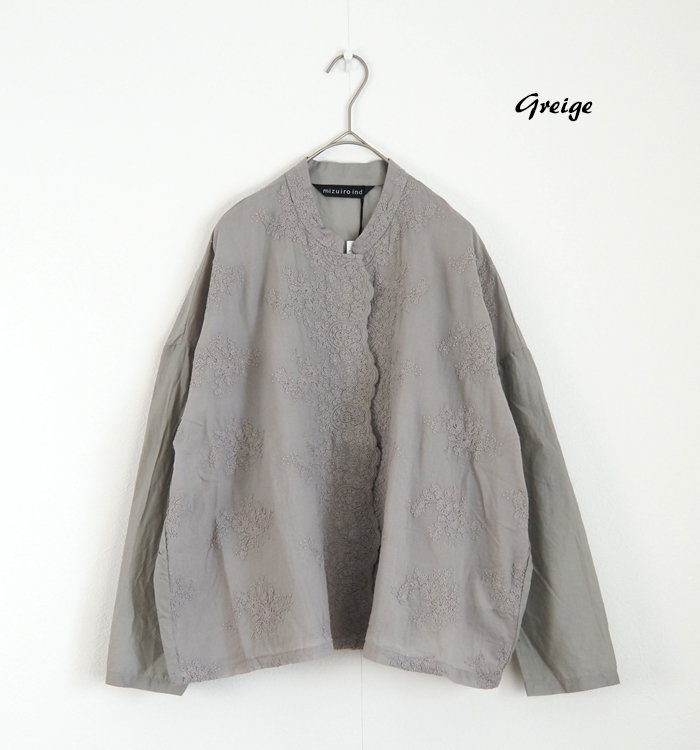 mizuiro ind ミズイロインド シャツ ワイド レーススタンドカラー レディース