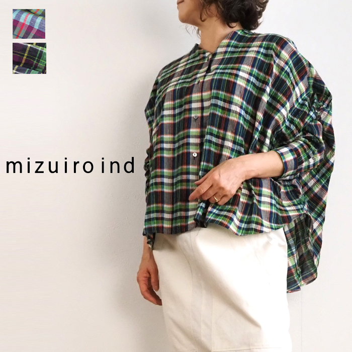 mizuiro ind ミズイロインド バックギャザーワイドシャツ マドラスチェック レディース