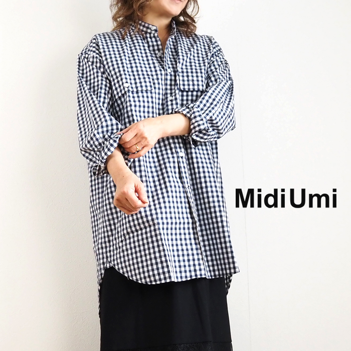 MidiUmi ミディウミ バンドカラーチュニックシャツ ブロックチェック レディース