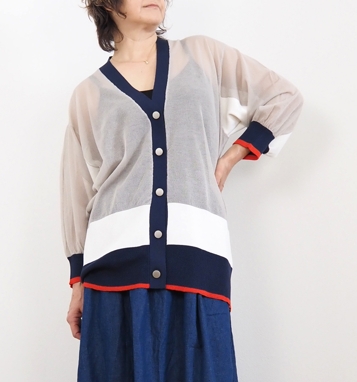 MARECHAL TERRE マルシャルテル Vネック配色シアーカーディガン レディース
