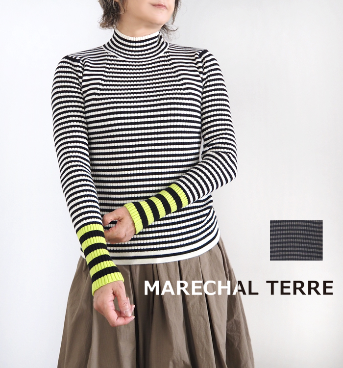 MARECHAL TERRE マルシャルテル ハイネックニットプルオーバー 前後ピッチ切替ボーダー×配色袖口 