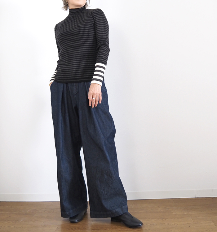 MARECHAL TERRE マルシャルテル ハイネックニットプルオーバー 前後ピッチ切替ボーダー×配色袖口 