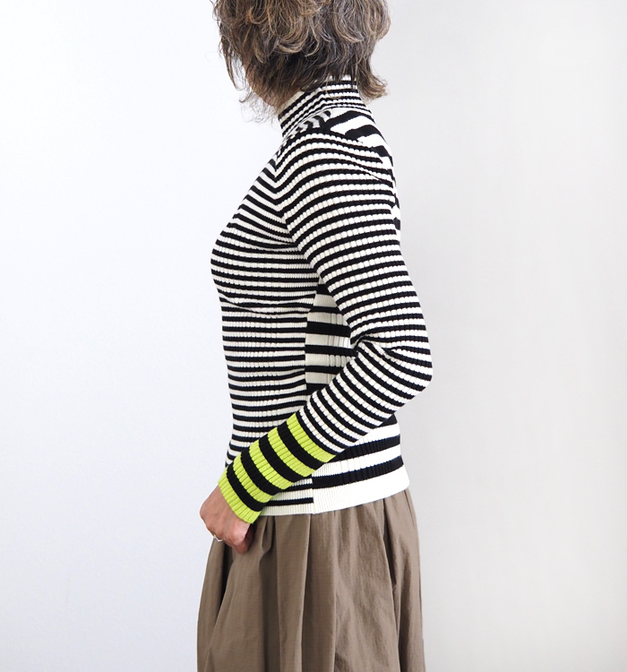 MARECHAL TERRE マルシャルテル ハイネックニットプルオーバー 前後ピッチ切替ボーダー×配色袖口 