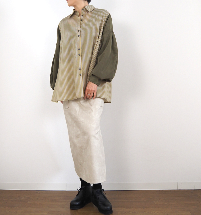 MARECHAL TERRE マルシャルテル ストライプ×無地 切替ルーズシャツ ボリュームスリーブ