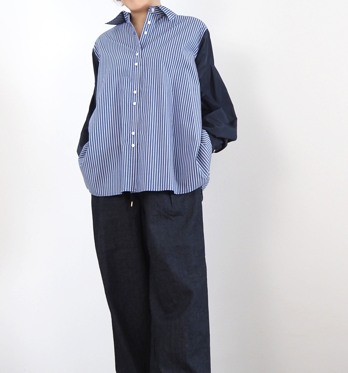 MARECHAL TERRE マルシャルテル ストライプ×無地 切替ルーズシャツ ボリュームスリーブ