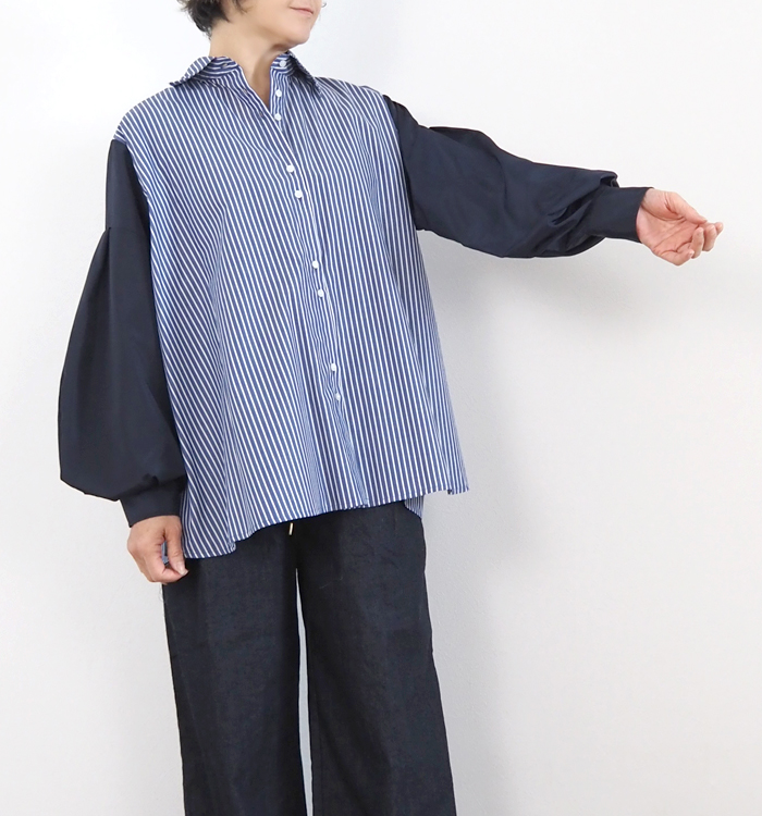 MARECHAL TERRE マルシャルテル ストライプ×無地 切替ルーズシャツ ボリュームスリーブ