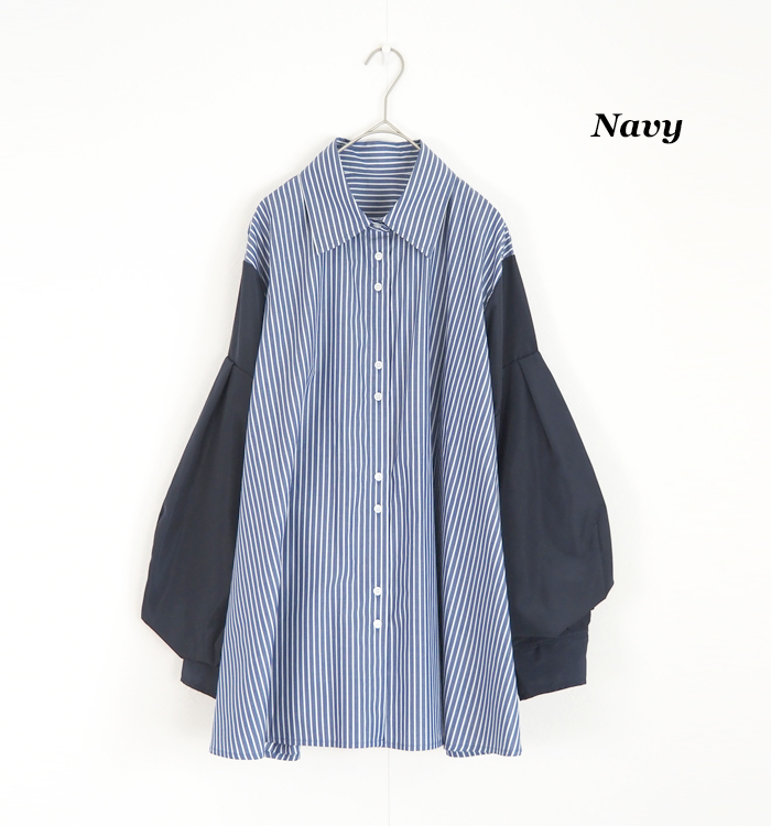 MARECHAL TERRE マルシャルテル ストライプ×無地 切替ルーズシャツ ボリュームスリーブ