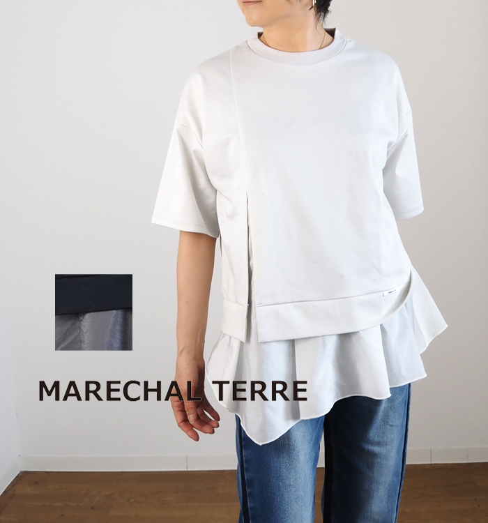 MARECHAL TERRE ヘムラッフルTシャツ 着用イメージ ネイビー