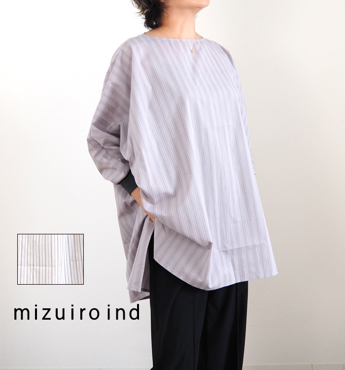 mizuiro ind ドビーストライプ ラウンドネックプルオーバーシャツ 着用イメージ