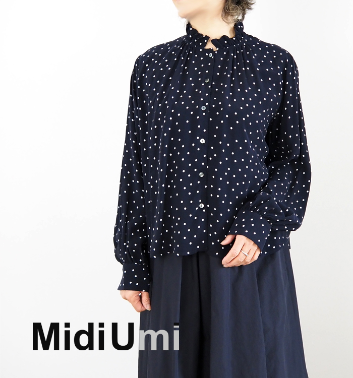 MidiUmi ミディウミ ドット柄フリルシャツ ipeker生地 レディース 4-730006