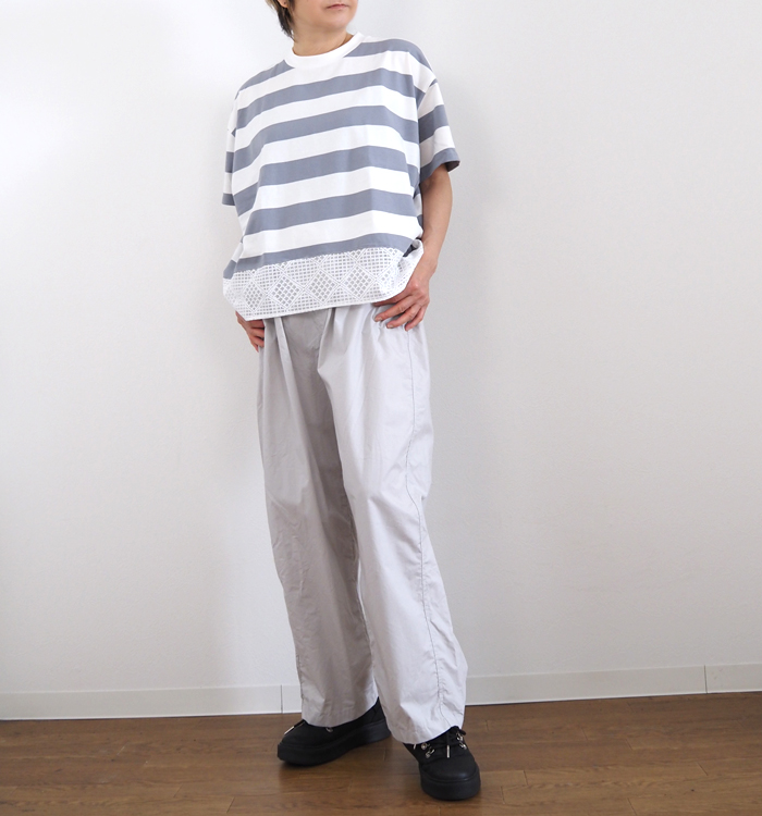 sosotto ボーダー×レース切替 ワイドTシャツ
