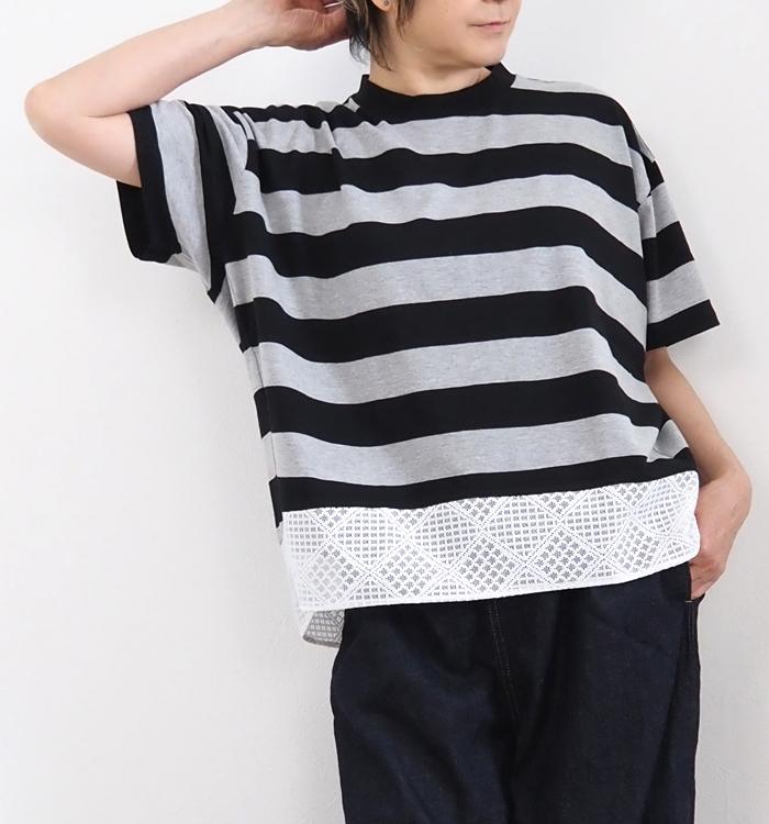 sosotto ボーダー×レース切替 ワイドTシャツ