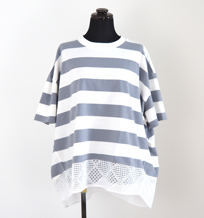 sosotto ボーダー×レース切替 ワイドTシャツ