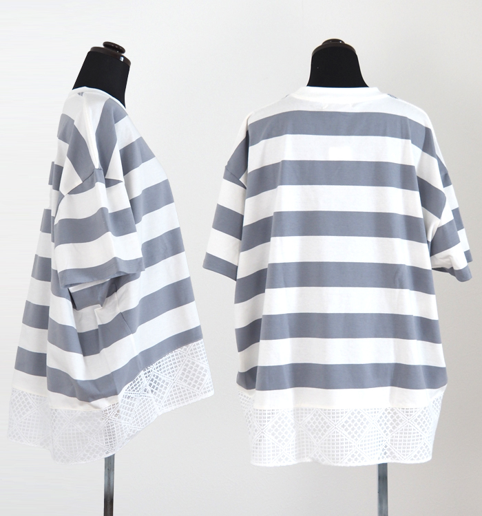 sosotto ボーダー×レース切替 ワイドTシャツ