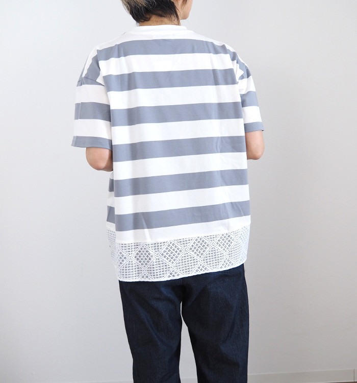 sosotto ボーダー×レース切替 ワイドTシャツ