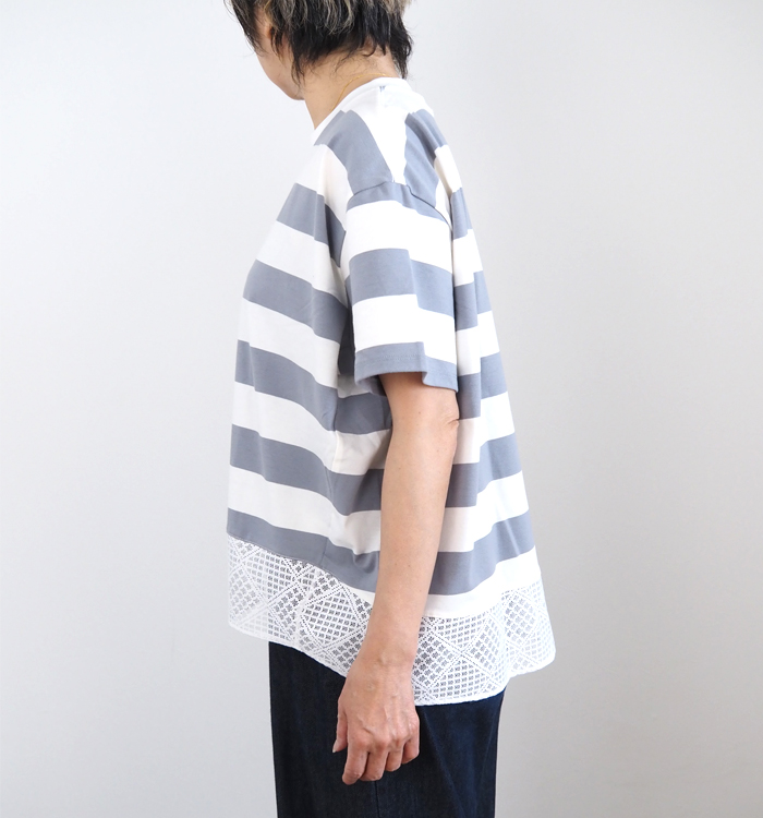 sosotto ボーダー×レース切替 ワイドTシャツ