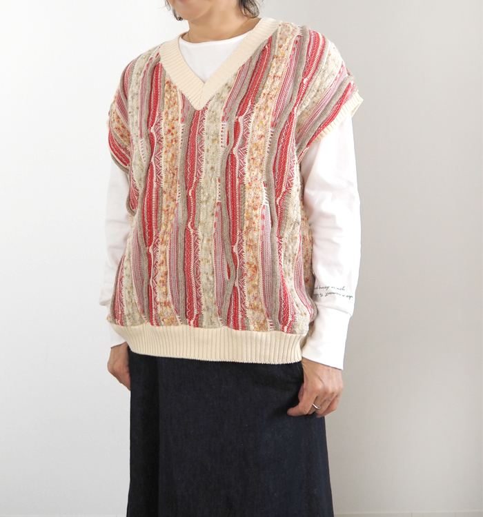 NARU factory ナルファクトリー ベスト マーブルウェーブVネックニット 