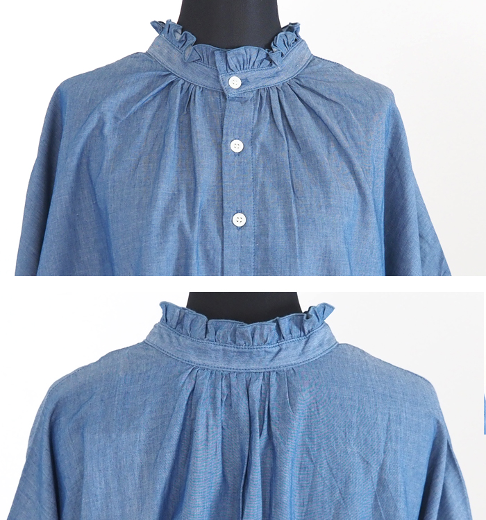 NARU ナルファクトリー 2.25ozデニム ターキーシャツ フリルネックブラウス