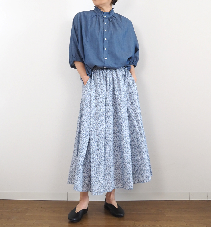 NARU ナルファクトリー 2.25ozデニム ターキーシャツ フリルネックブラウス