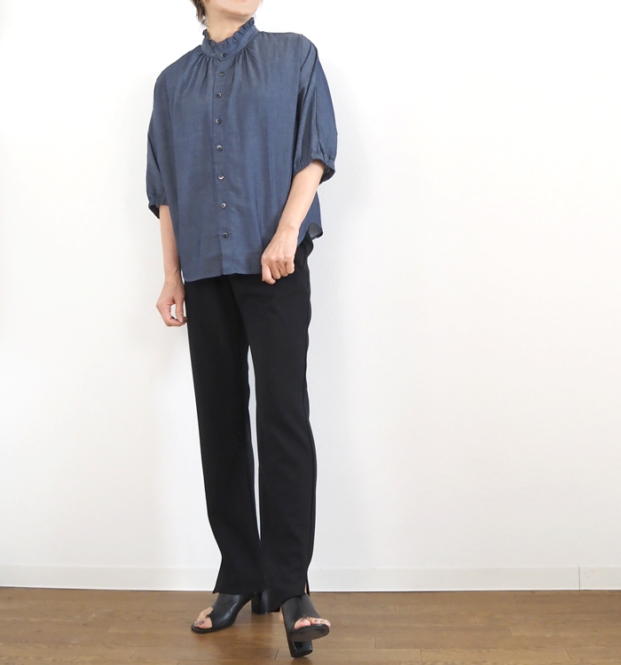 NARU ナルファクトリー 2.25ozデニム ターキーシャツ フリルネックブラウス