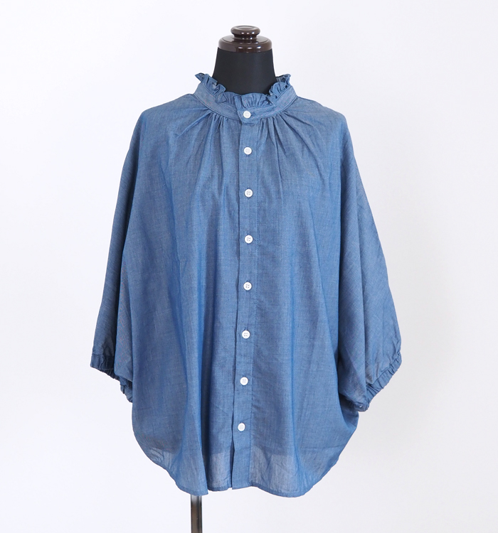 NARU ナルファクトリー 2.25ozデニム ターキーシャツ フリルネックブラウス