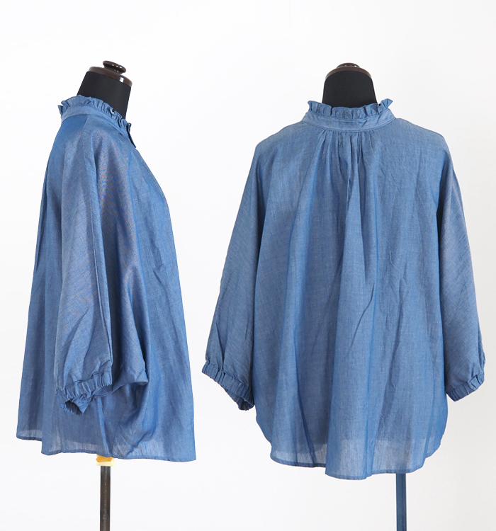 NARU ナルファクトリー 2.25ozデニム ターキーシャツ フリルネックブラウス
