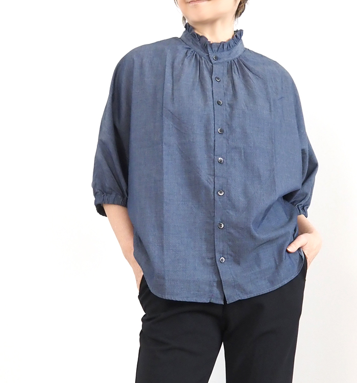 NARU ナルファクトリー 2.25ozデニム ターキーシャツ フリルネックブラウス