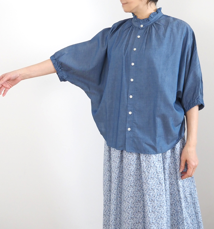 NARU ナルファクトリー 2.25ozデニム ターキーシャツ フリルネックブラウス