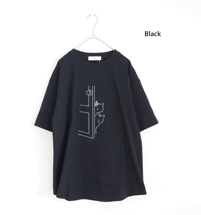 NARU ナルファクトリー 猫プリント 半袖Tシャツ 綿100% 天竺