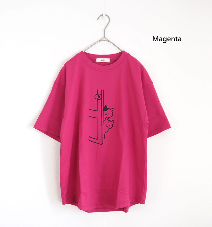 NARU ナルファクトリー 猫プリント 半袖Tシャツ 綿100% 天竺