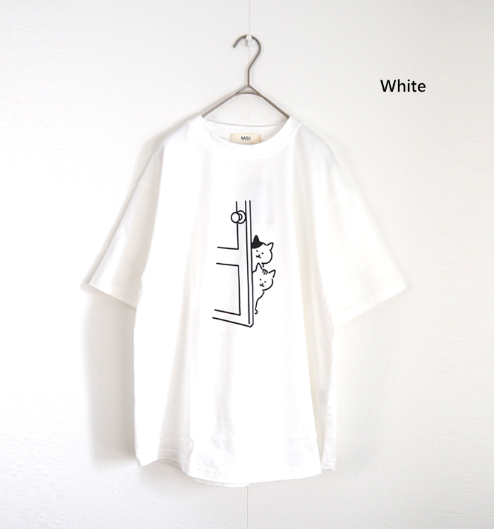 NARU ナルファクトリー 猫プリント 半袖Tシャツ 綿100% 天竺