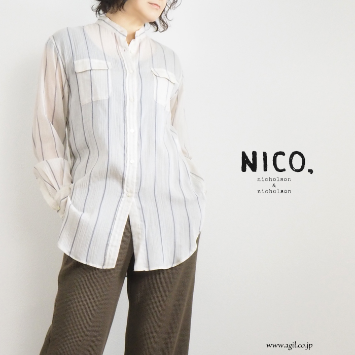 NICO,nicholson & nicholson (ニコ,ニコルソンアンドニコルソン) バンドカラー 楊柳 シャツ ストライプ レディース