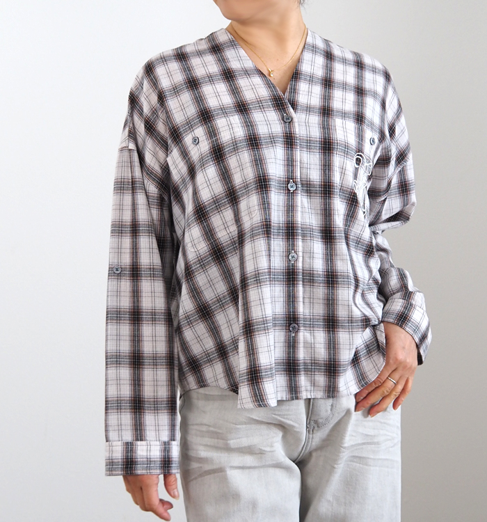 Boutique Ordinary ブティークオーディナリー ノーカラーチェックワイドシャツ