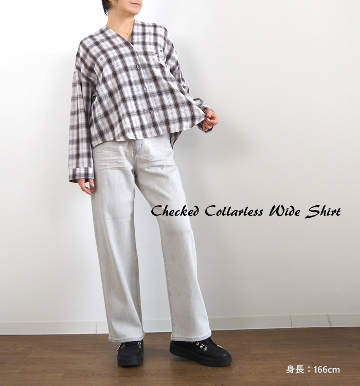 Boutique Ordinary ブティークオーディナリー ノーカラーチェックワイドシャツ