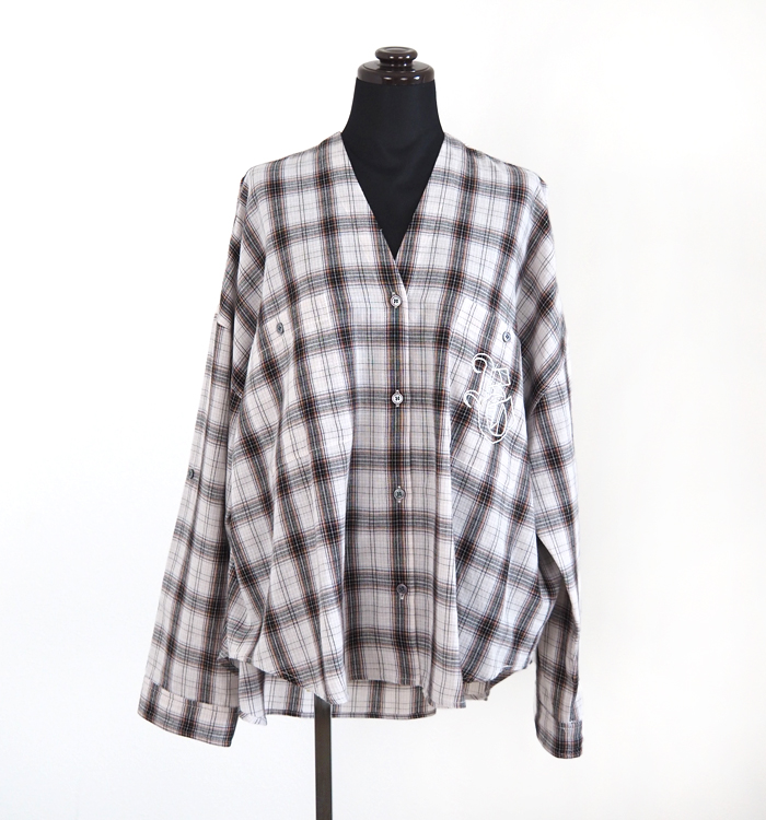 Boutique Ordinary ブティークオーディナリー ノーカラーチェックワイドシャツ