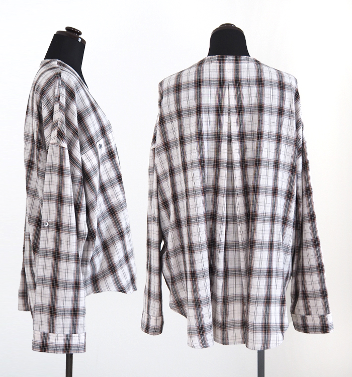 Boutique Ordinary ブティークオーディナリー ノーカラーチェックワイドシャツ