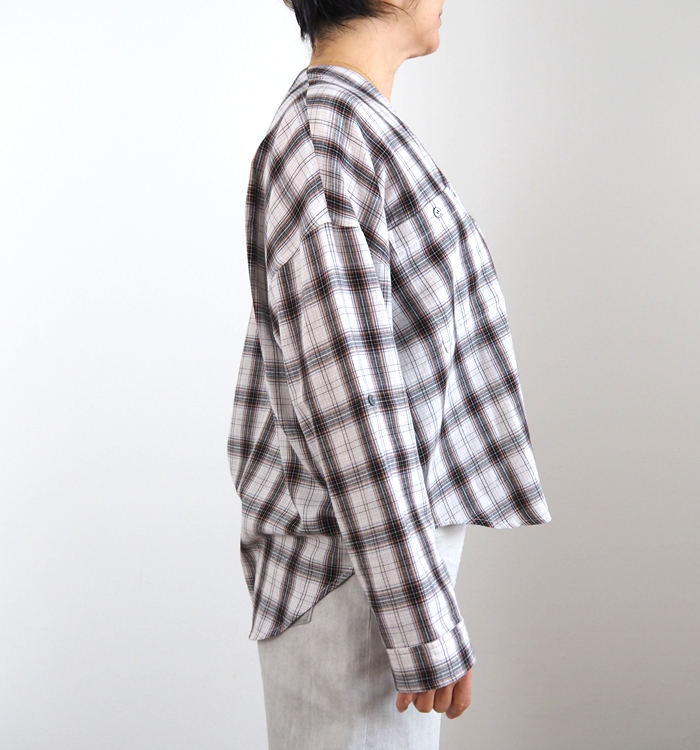 Boutique Ordinary ブティークオーディナリー ノーカラーチェックワイドシャツ