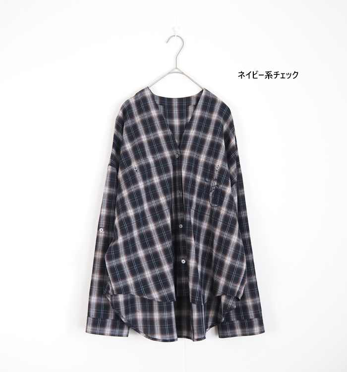 Boutique Ordinary ブティークオーディナリー ノーカラーチェックワイドシャツ